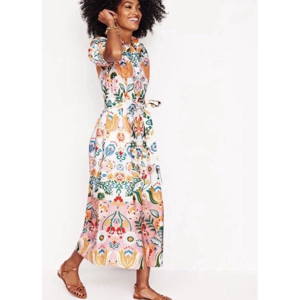 Boden Alexa Floral Multicolor Cotton Shirt Midi Dress Tie Waist Puff Sleeve Sz 8 - Picture 2 of 13